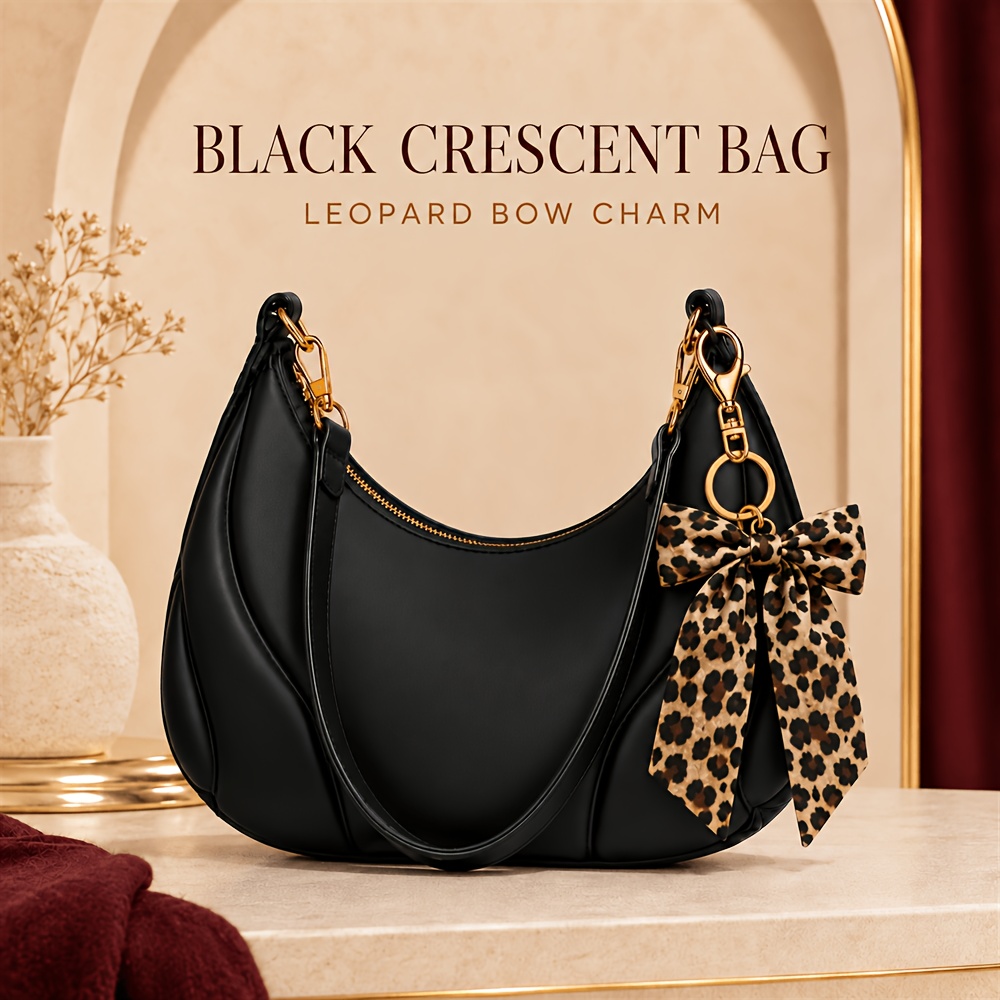 TEMU 1pc Women's Autumn Winter Commuter Shoulder Bag, Black Arc Shape With Red Interior, Zipper Closure, With 1pc Detachable Leopard Print Bow Bag