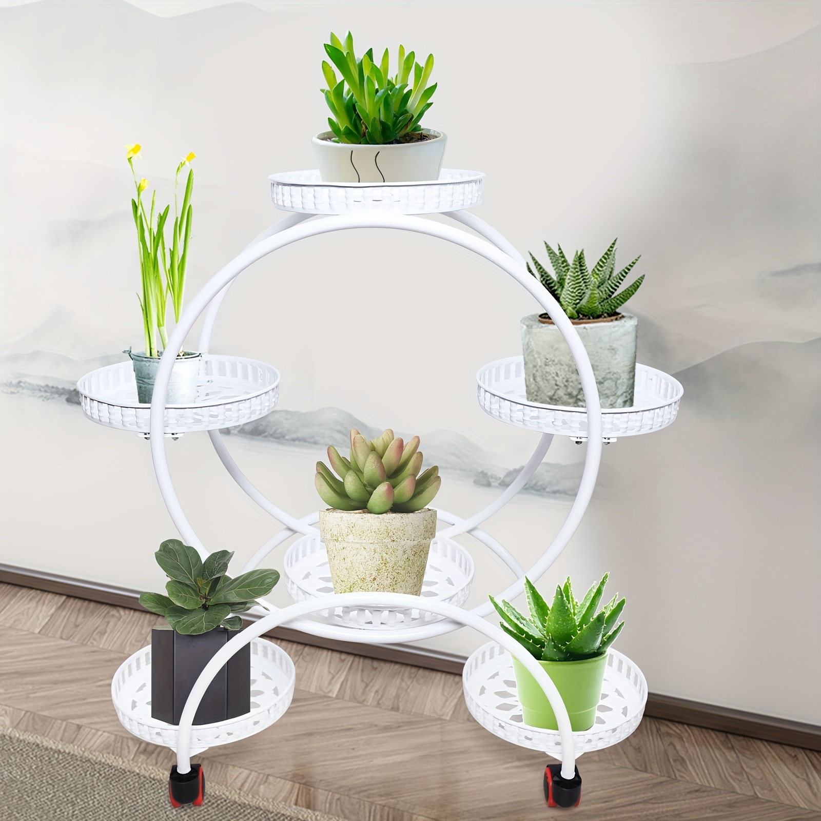 

Metal Plant Stands Plants Flower Holder 4 Tier Display Shelf Rack With Wheels For Patio Garden Yard Home Decor Indoor And Outdoor, Round White