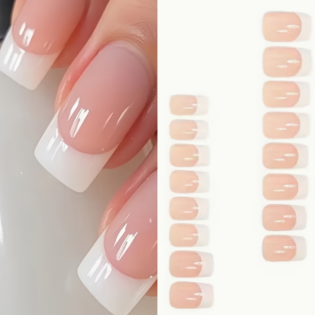 TEMU 48pcs Glossy Medium Square Fake Nails, White French Toe-hook Press-on Nails, Pink Gradient Design, Sweet And Cool Women's Fake Nails | Bridal