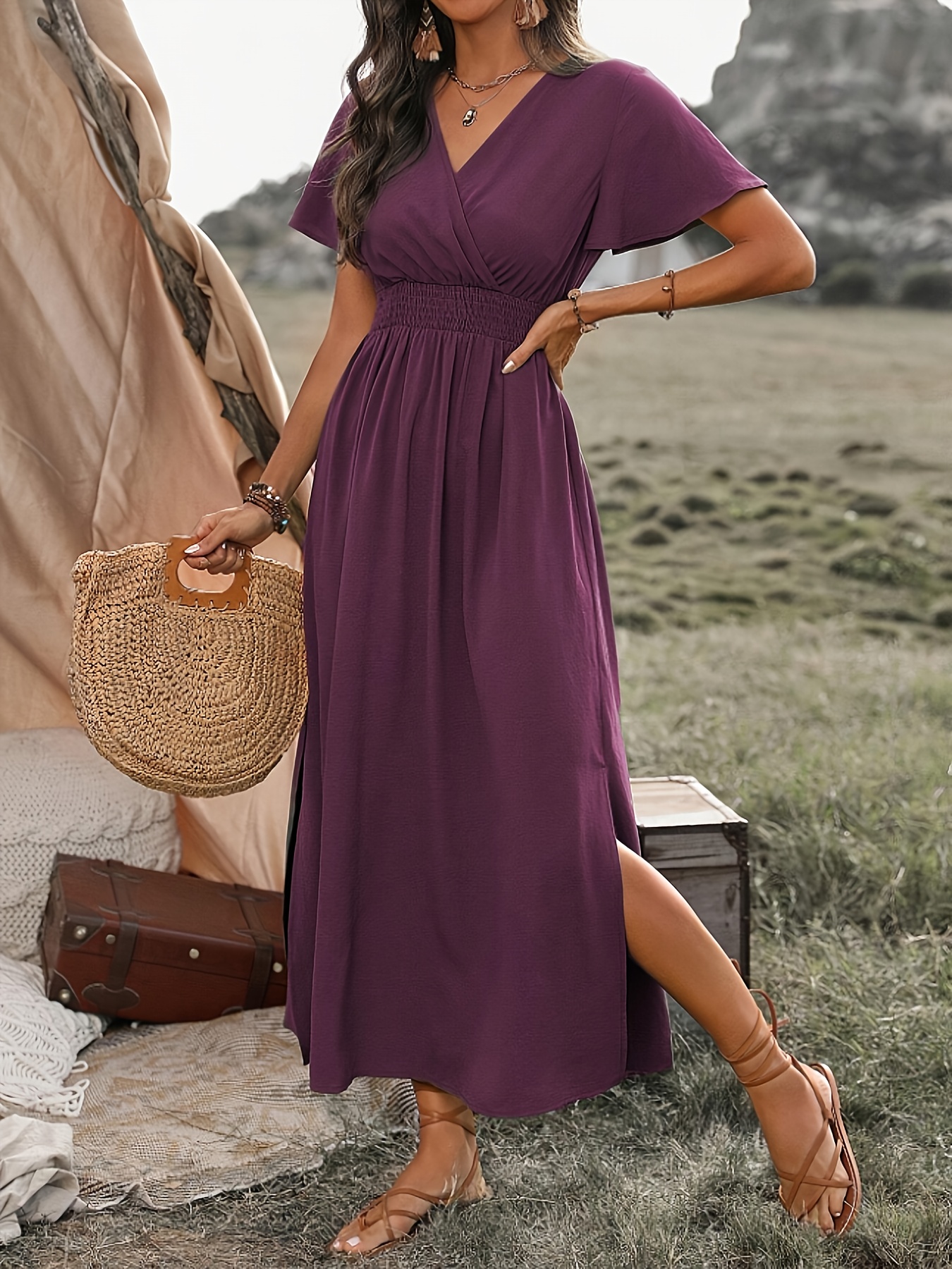 Robe Élégante Longue à Taille Élastique et Fente pour Femme, Couleur  Printemps/Été