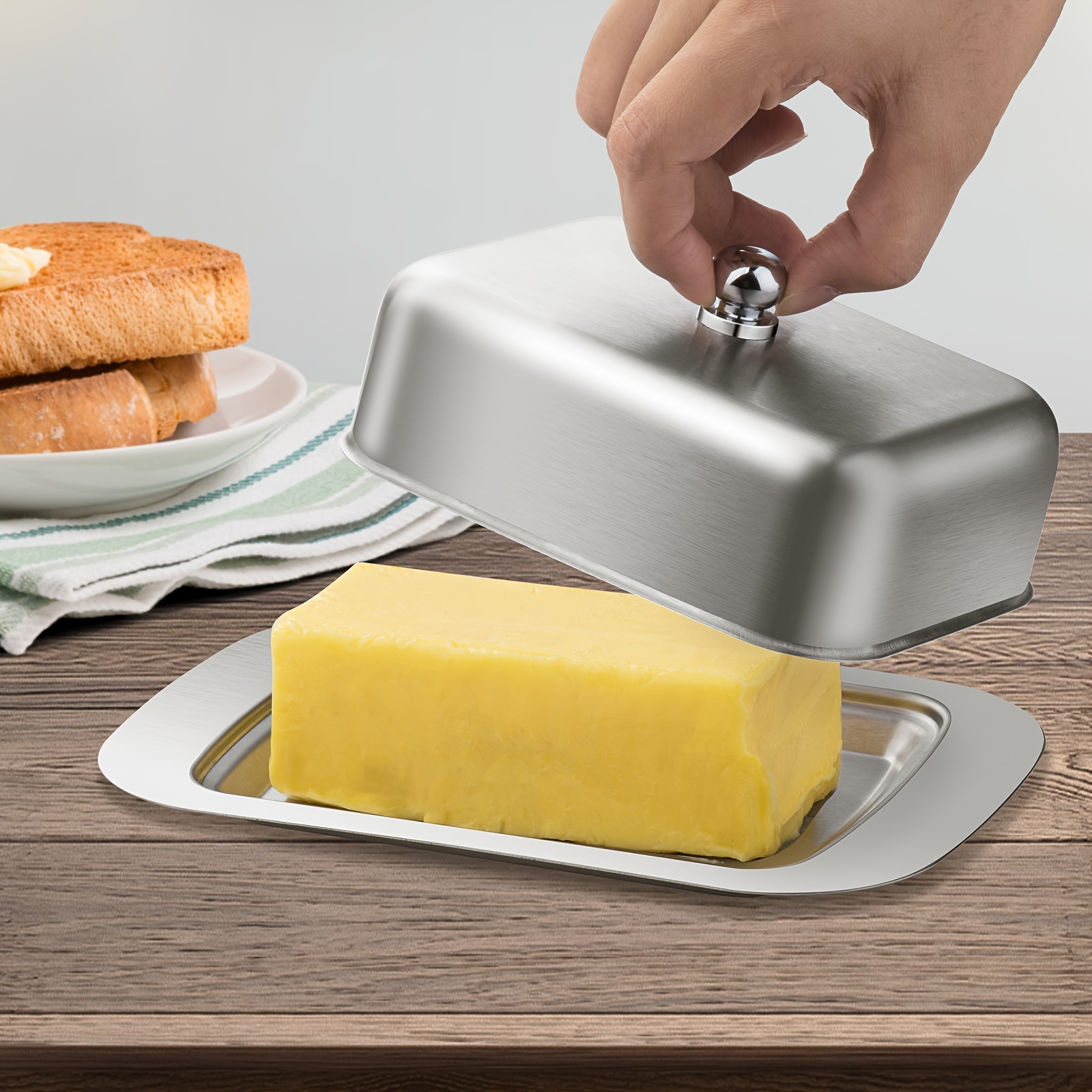 

Stainless Steel Butter Dish With Lid, Rectangular Butter Keeper, Cheese Storage Box, Kitchen Gadget For Bread & Butter Plates, Food Grade Metal Butter Container