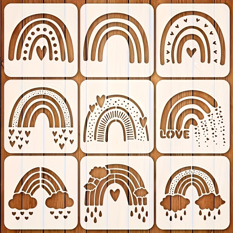 Image of 9pcs Rainbow Stencil Set, 3.94x3.94 Inches Reusable Painting Templates For Diy Crafts, Scrapbooking, Fabric, Canvas, Wall & Home Decor