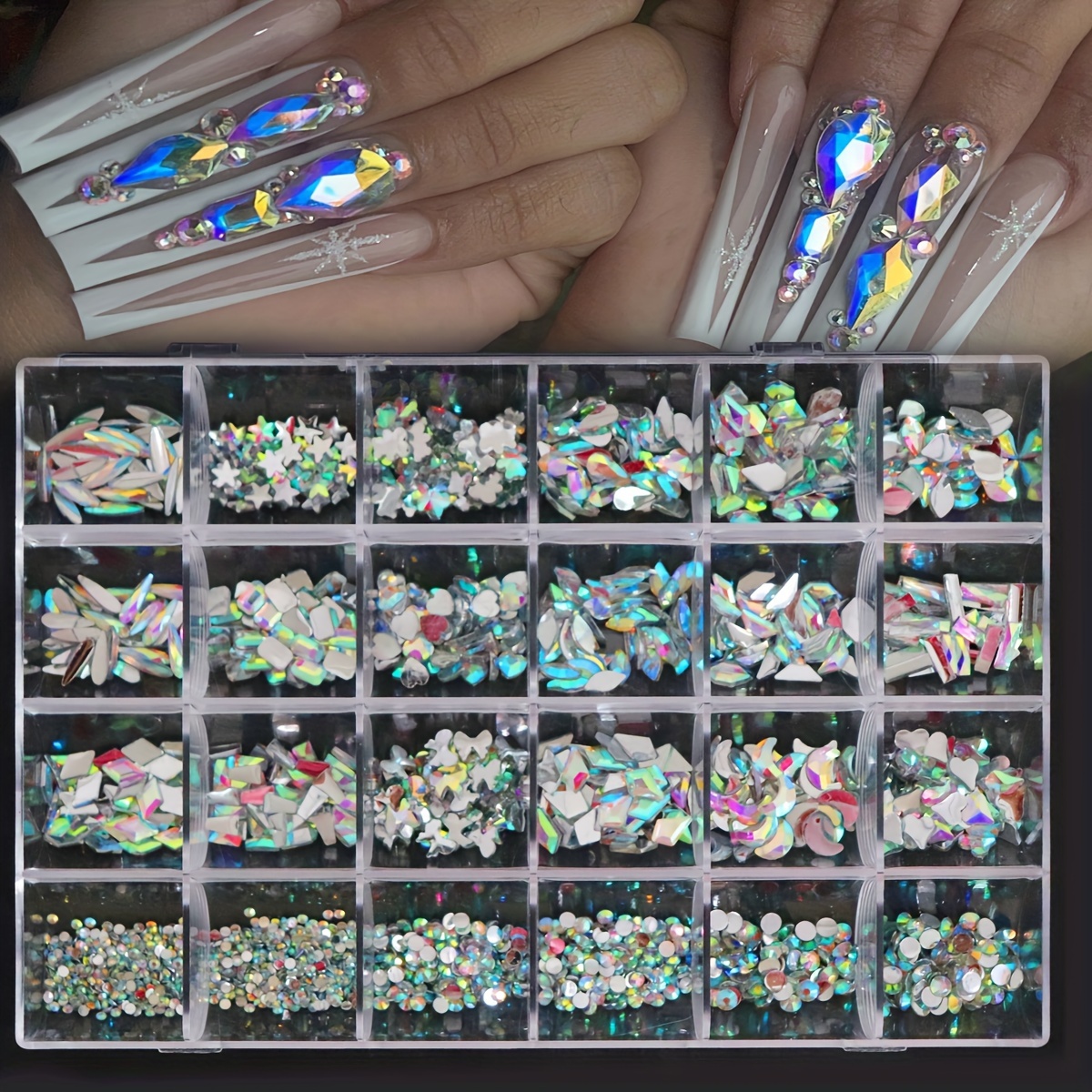 

24 Grids Nail Art Rhinestones Assorted Shapes Diy Nail Gems, Manicure Decorations For Salon And Home Use