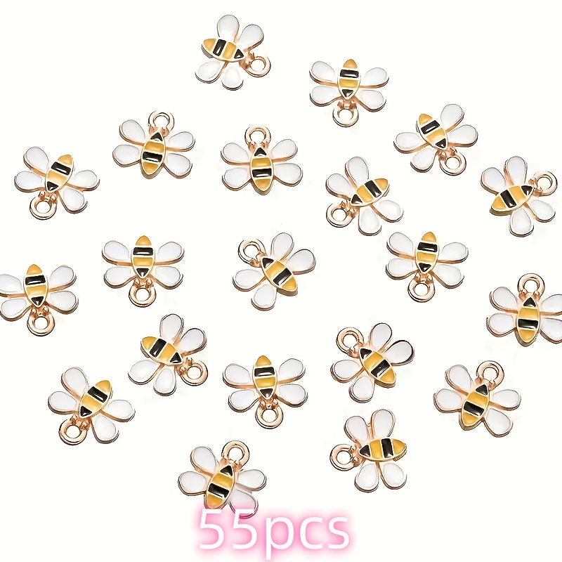 E-shop 55 Legierung Mini-Bienen Emaille-Anhänger - 10mm Leuchtend Gelb Weiß Insekten-Anhänger mit Schwarzen Streifen Roségoldenen Akzenten, Glänzende
