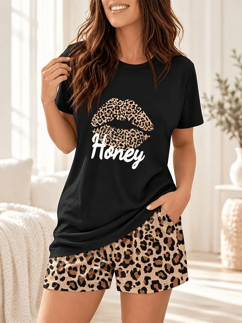 item picture print short sleeve t shirt leopard print shorts set for style casual loungewear 2pcs set features a unique leopard print lip and letter print design thats and versatile the loose fit t shirt
