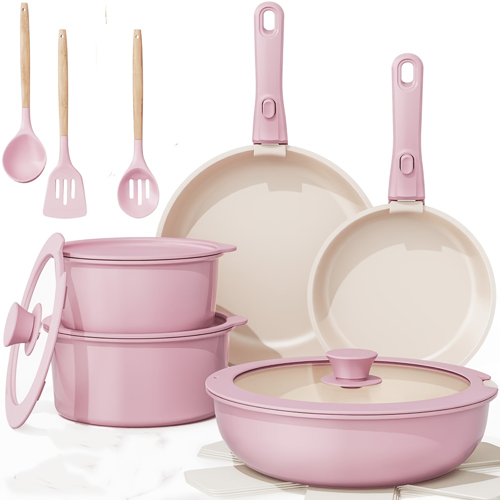 Image of 18pcs Ceramic Cookware Set, , Kitchen Cookware Set, Includes 5 Pots, 2 Spoons, 1 Spatula, 4 Lids, 2 Detachable Handles, And 4 Trivets. Oven And Induction Cooktop Compatible, Stackable, Pink.