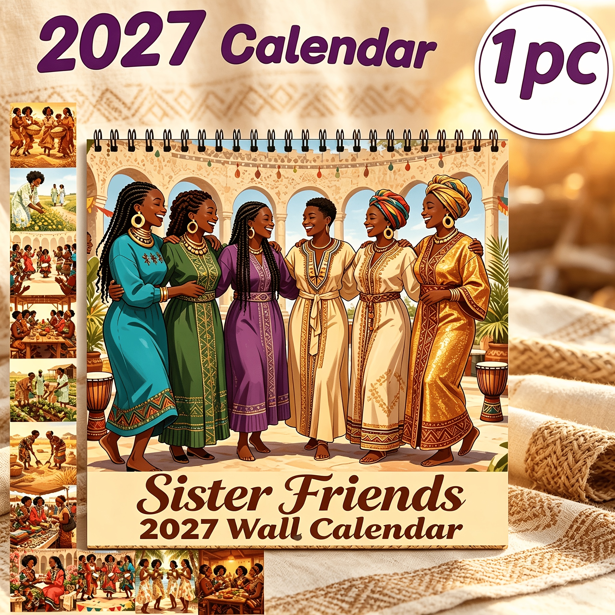 TEMU 2027 Sister For Wall Calendar, African American Women Art Hanging Calendar, 12 Months Holiday Wall Decor For Christmas Halloween Wedding Back To