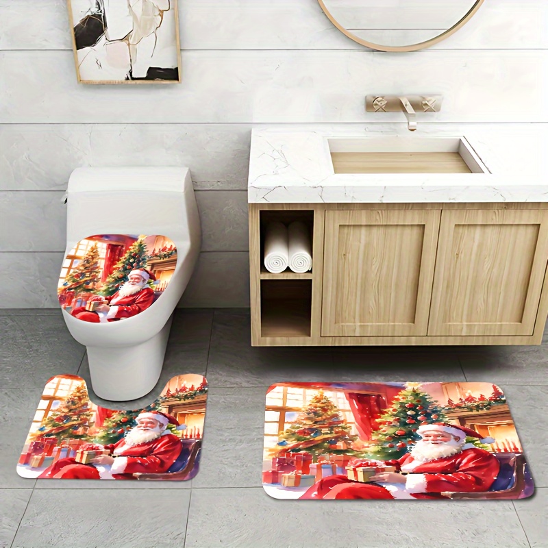 

3pcs Santa Claus Christmas Gift Set: Quick-dry, Non-slip Bath Mats - Includes Toilet Lid Cover & Thickened Shower Rug, Machine Washable, Soft & Comfortable For Kitchen, Laundry, Bedroom