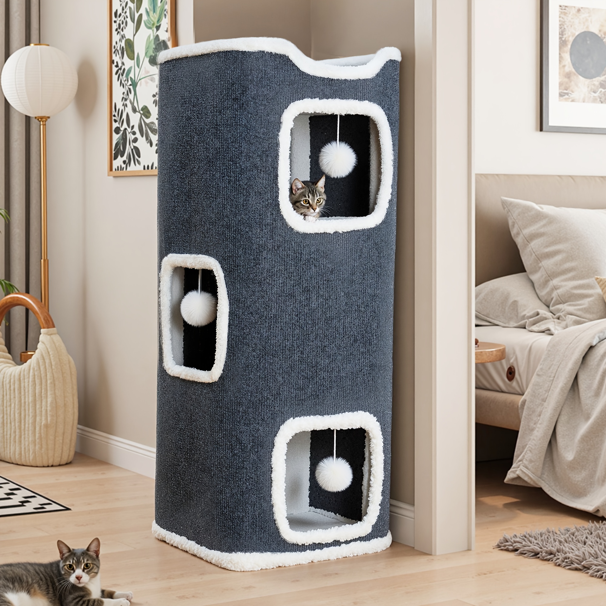 TEMU Maison pour Chat Pliable à 4 Niveaux - Condo Multi-Niveau, Arbre à Chats avec Balles de Jeu Interactives, Lit Doux et Confortable en Hauteur,