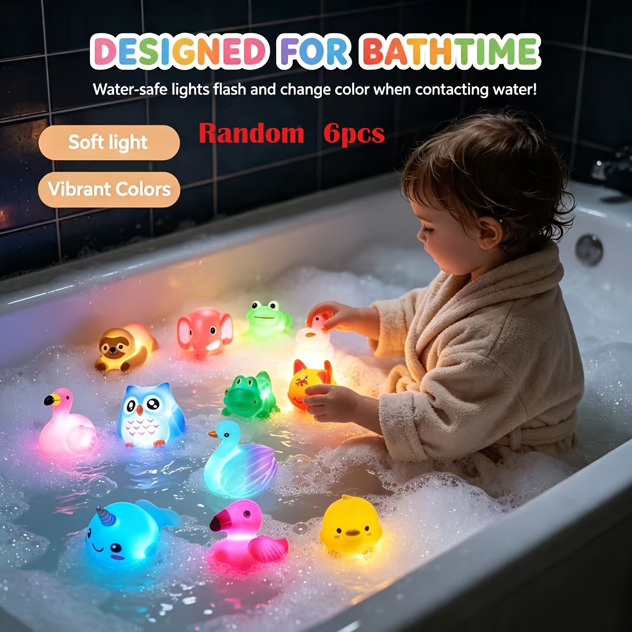 Image of 6/8/12pcs No Hole Bath Toys, Light Up Sea Animals Set, Glitter Colorful Bathtub Toys, Bathtub Floating Water Toys, Great Gifts For Bathroom Water Tub Games Pool Party Random Colors