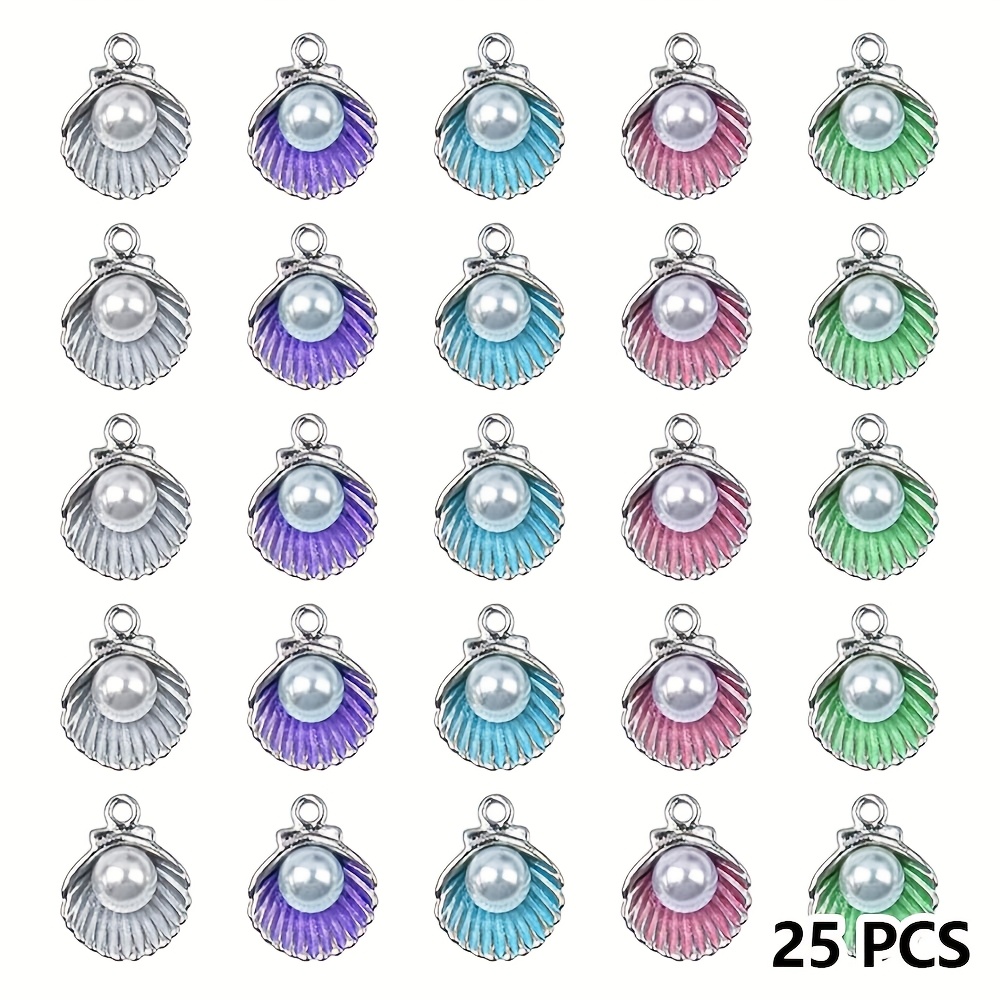 E-shop 25 Stück Emaille Muschel-Anhänger mit Acryl-Weißperlen Halskette Armband Schmuckherstellung Bastelzubehör Accessoires
