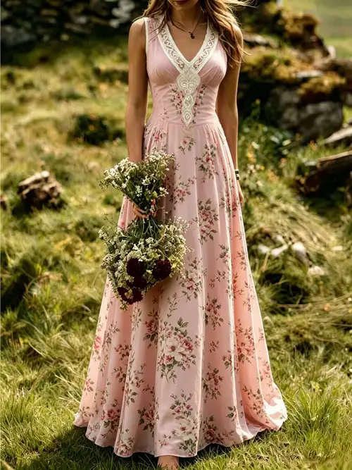 Women's Boho Vintage Bohemian Medieval Maxi Dress - Sleeveless V-Neck A-Line Floor-Length Gown with Ethnic Print Suitable for Weddings, Festivals, Themed Events, Machine Washable * Women's Boho Vintage Bohemian Medieval Maxi Dress - Sleeveless V-Neck A-Line Floor-Length Gown with Ethnic Print Suitable for Weddings, Festivals, Themed Events, Machine Washable *