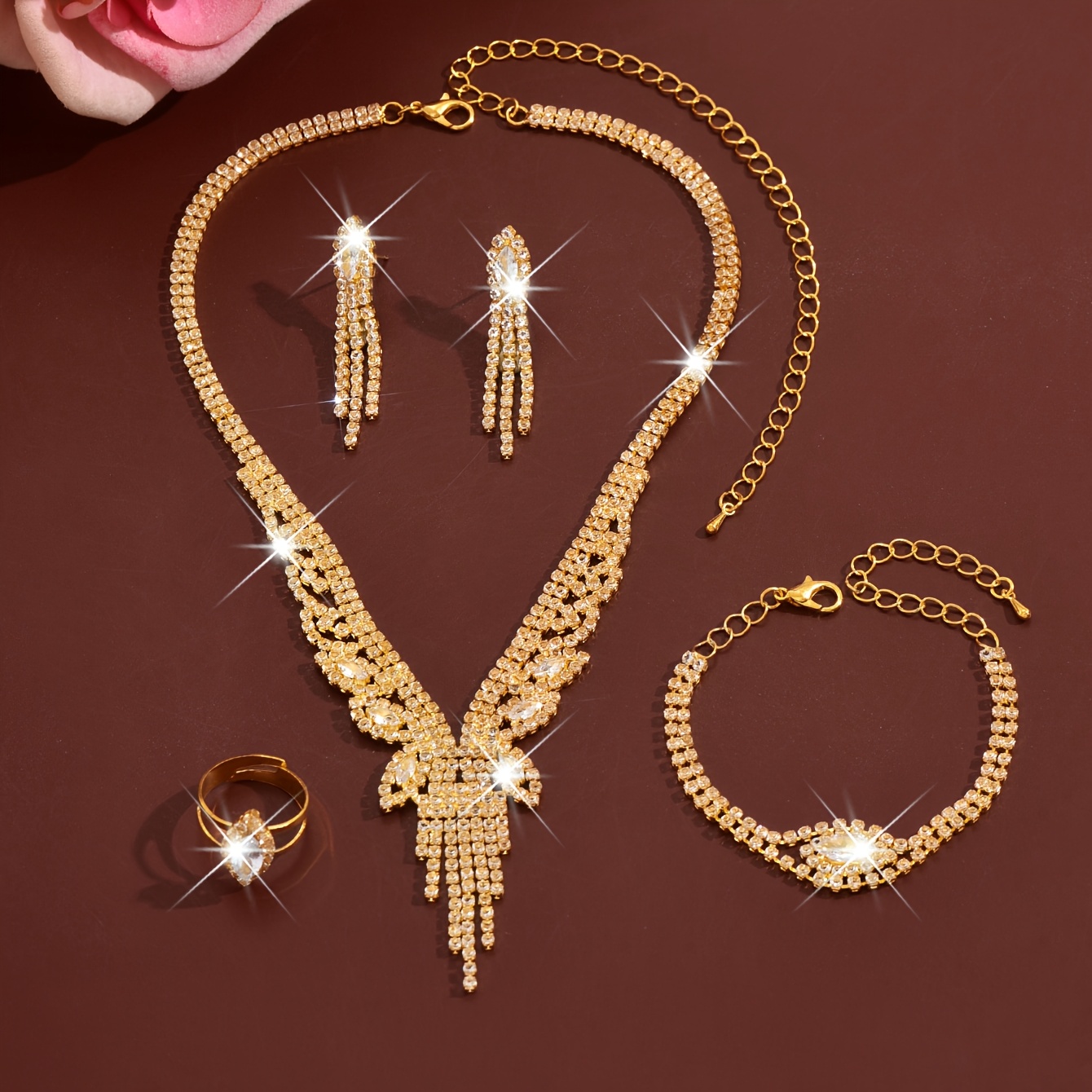 Classic Rhinestone Jewelry Set with V-Shaped Tassel Necklace