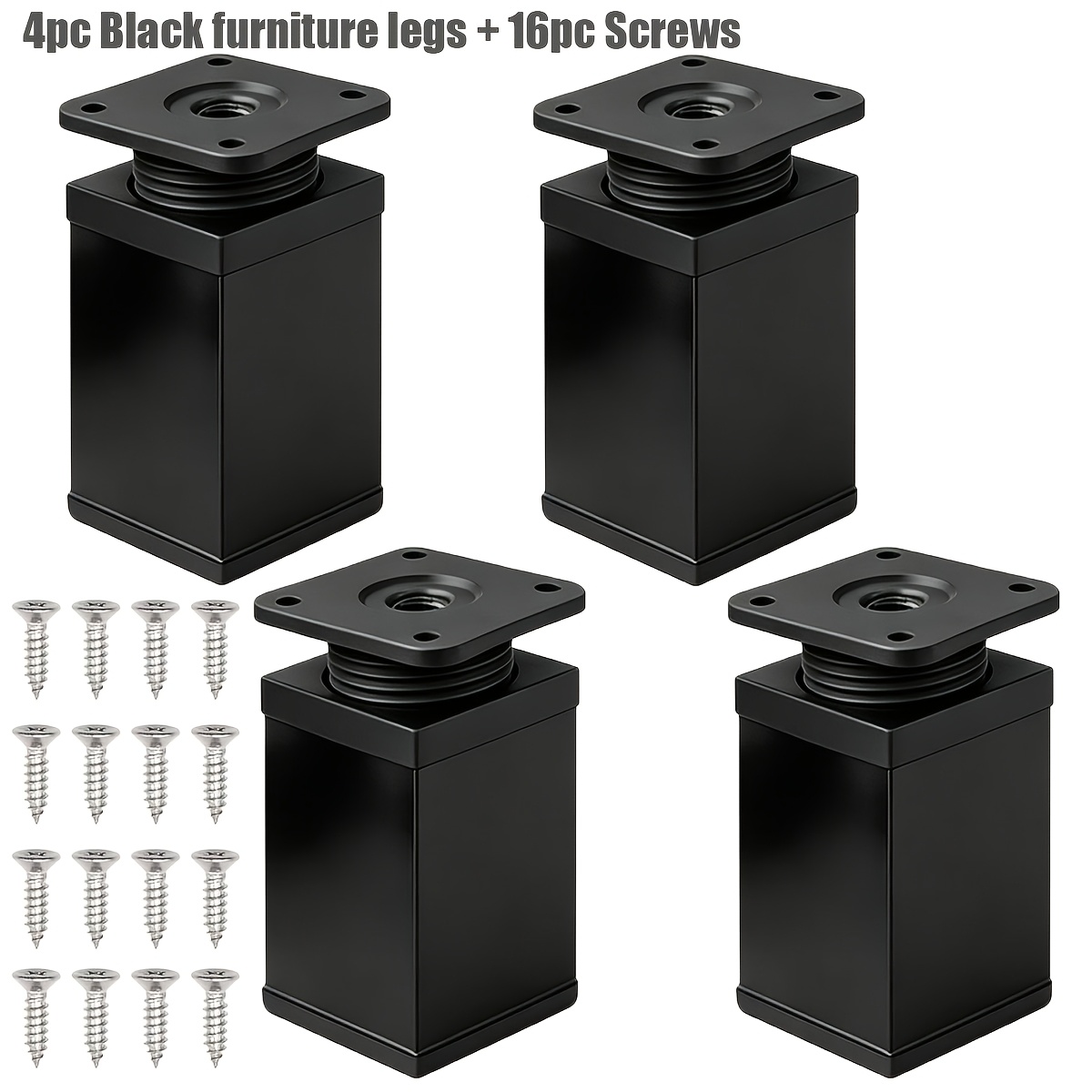TEMU 20pcs Adjustable Aluminum Alloy Furniture Leg Set (4 Black Legs And 16 Screws) Square Furniture Risers/legs, Heavy-duty Table Leg Extenders,