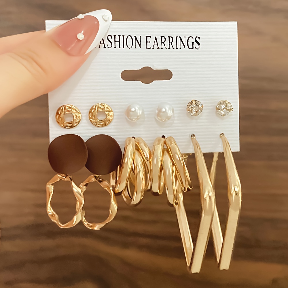 TEMU Set de 6 Aretes Metálicos con Perlas Sintéticas Cuadradas
