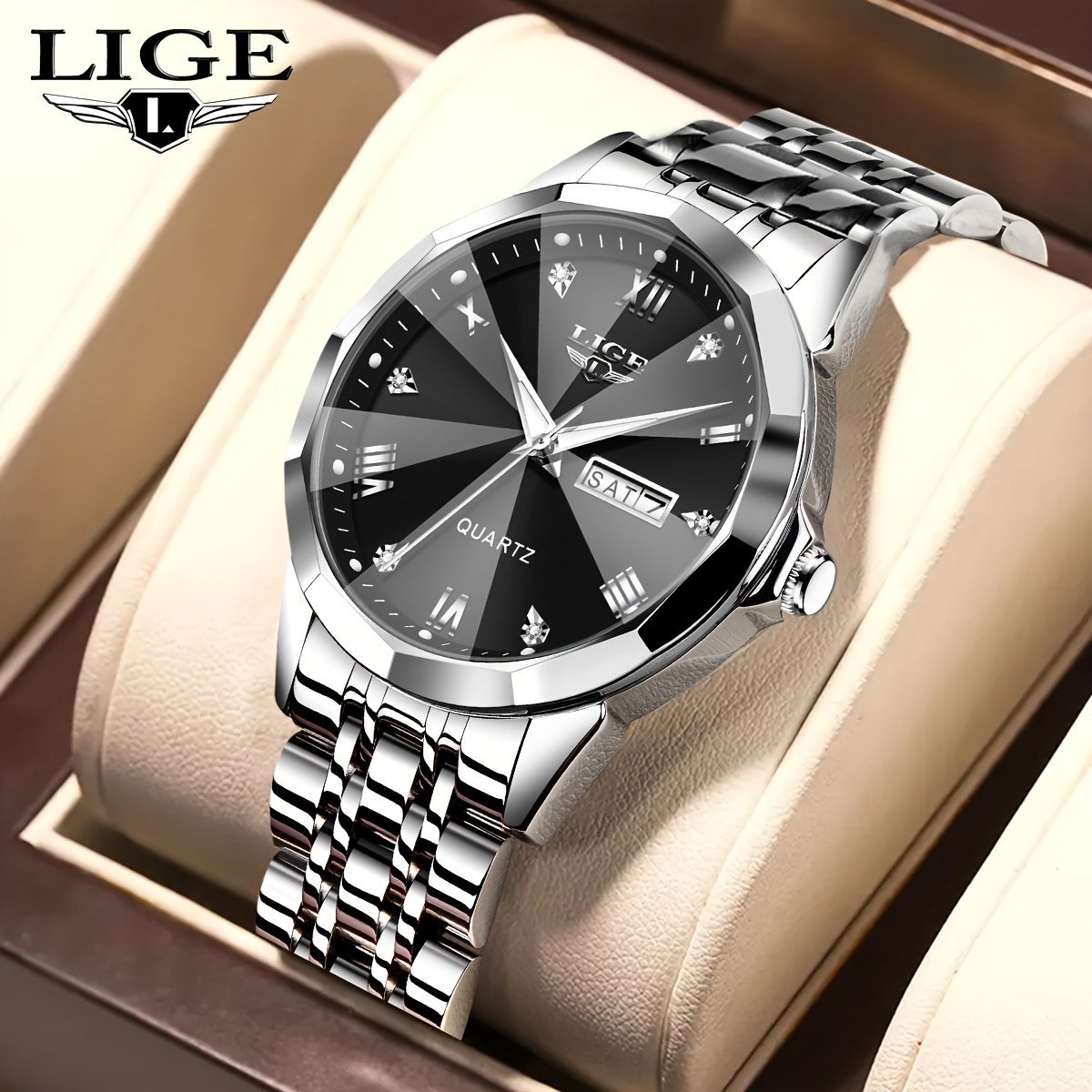 

Lige New Business Men's Watch, Stainless Steel Strap Dual Calendar Watch, Zinc Alloy Case Waterproof Luminous Date Watches, Holiday Party Gift
