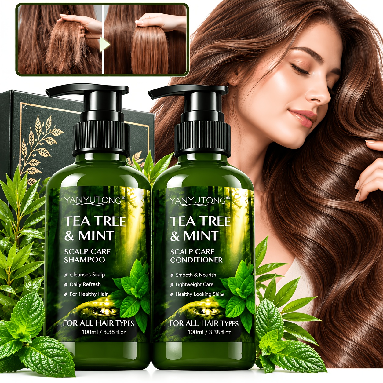 Image of 2pcs & Mint Shampoo And Conditioner Set, Refreshing Hair Care Set, Lightweight Cleansing, -looking Hair, Reduce Frizz, Enhance Shine, Keep Hair Soft And Fresh, Care For Men And Women, Perfect Gift