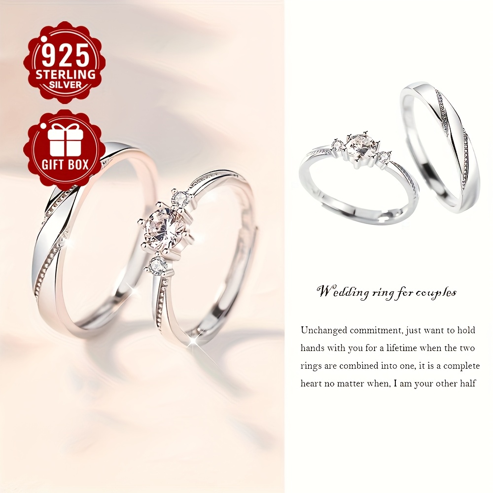 

2pc925 Pure Silvery Set With Synthetic Zirconia Love At First Sight Couple Rings, Openable Pair (. 4.6g) - Suitable For Proposal Gifts, Love Tokens