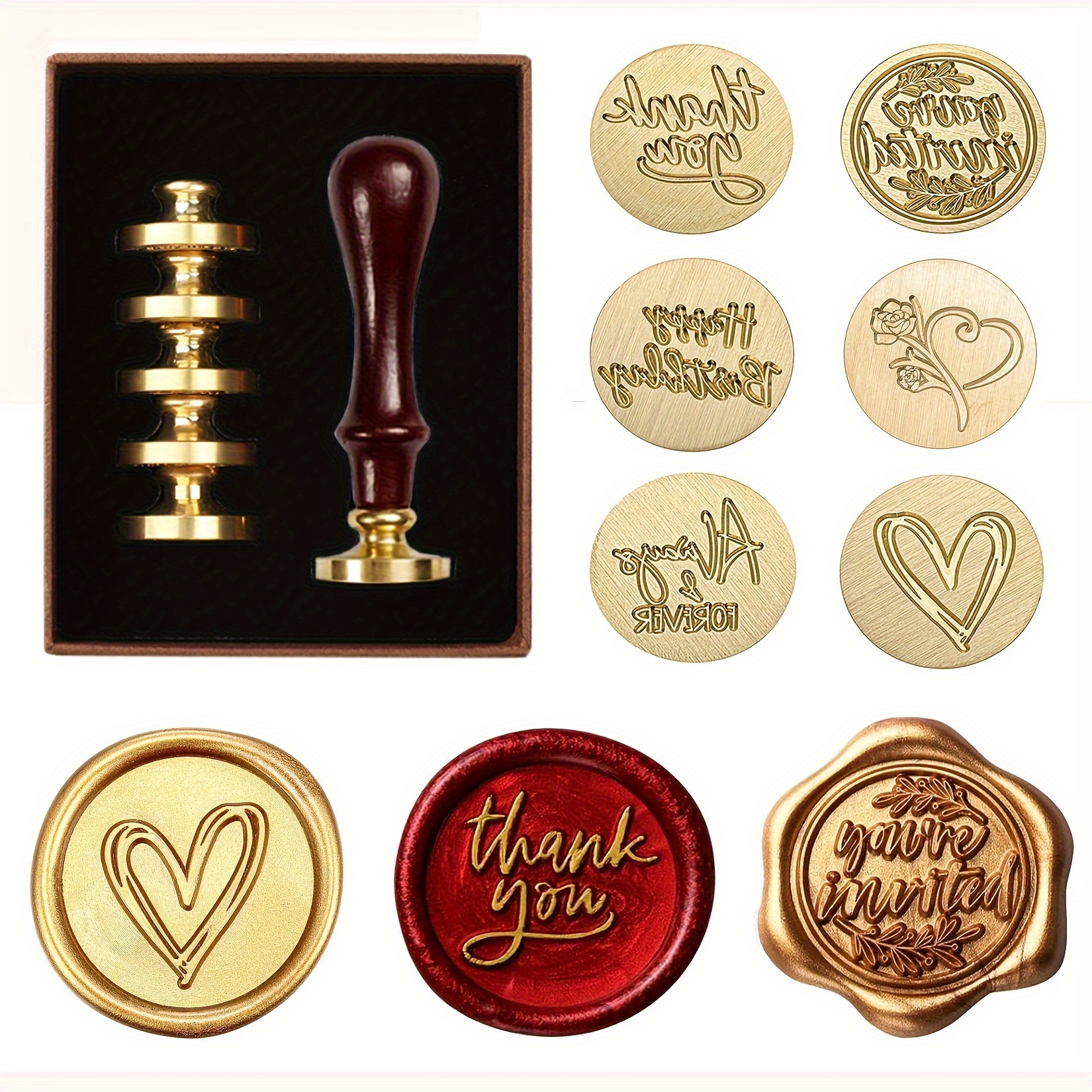 

Elegant 6-piece Wax Seal Stamp Kit With Interchangeable Brass Heads & Wooden Handle - Perfect For Wedding Invitations, Gift Wrapping & Thank You Notes