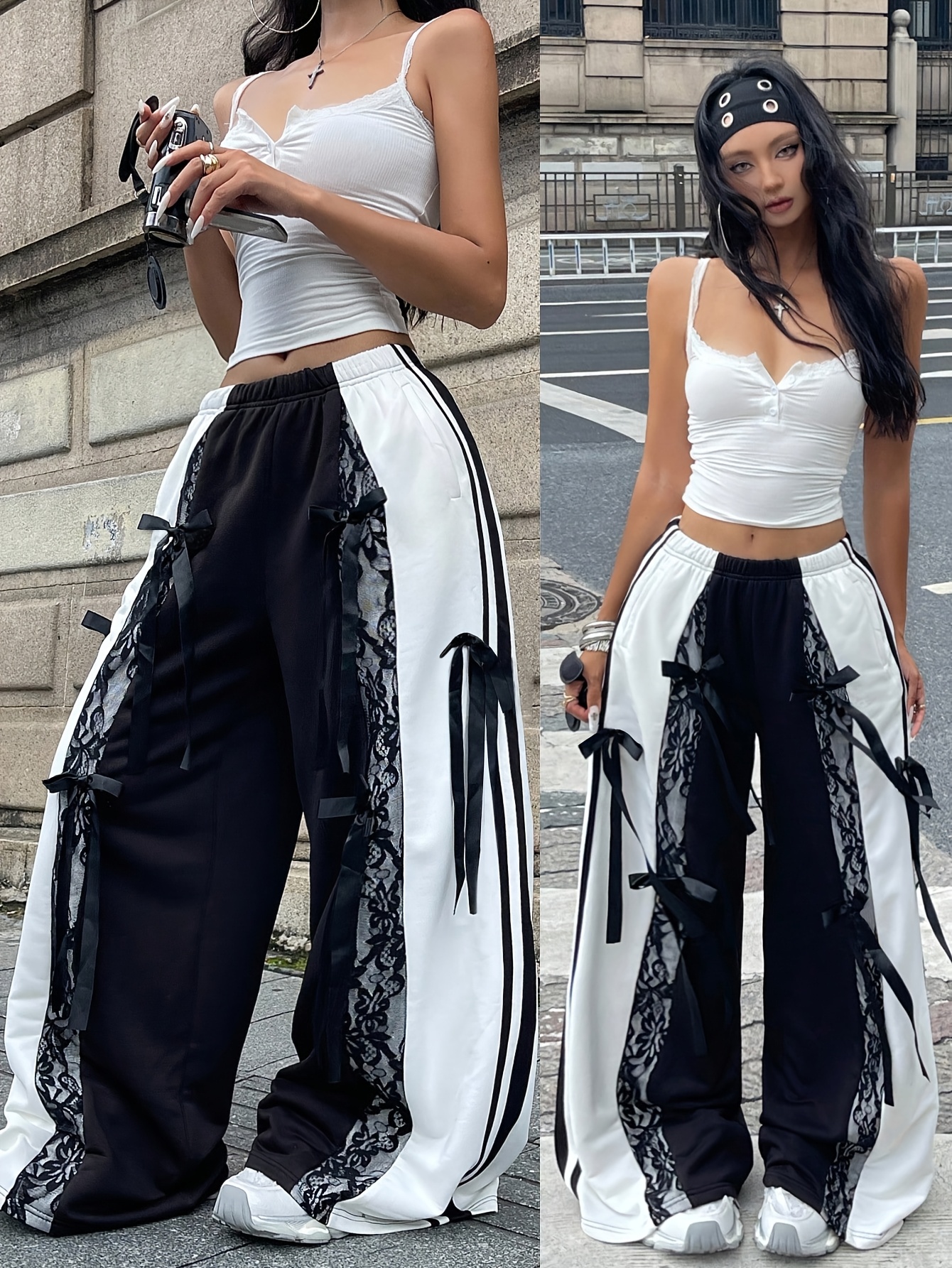 womens y2k vintage wide pants bow colorblock black - Temu Mauritius