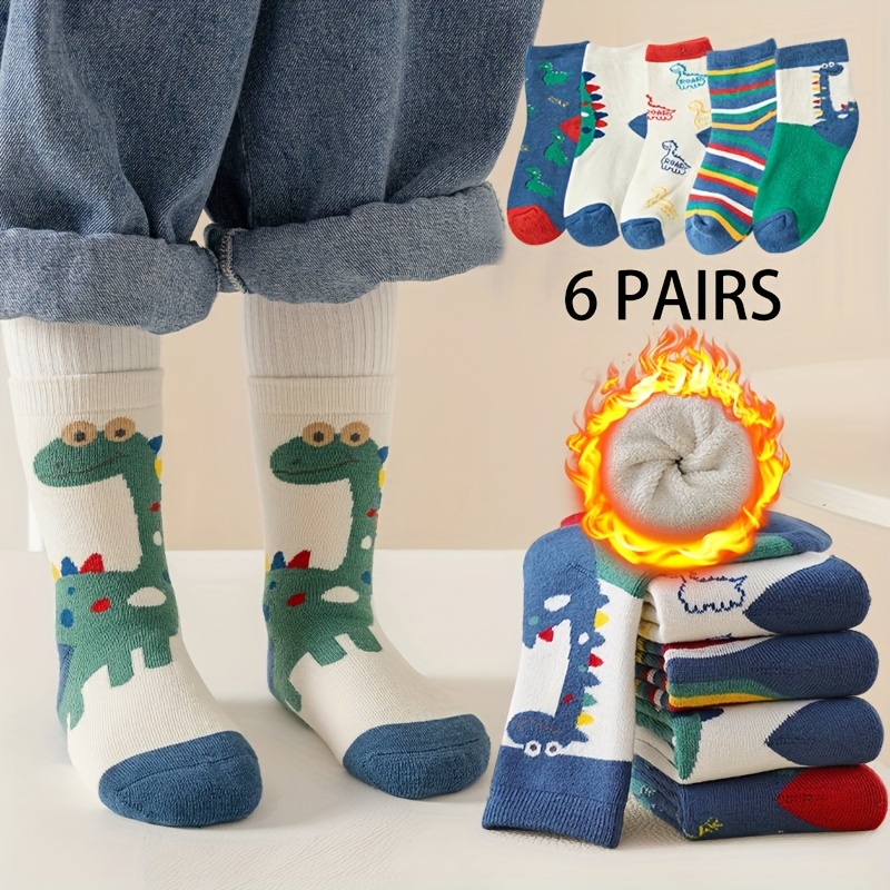 

6 Pairs Of 's Fleece Thickened Boys' Warm Dinosaur Cartoon Mid-calf Socks