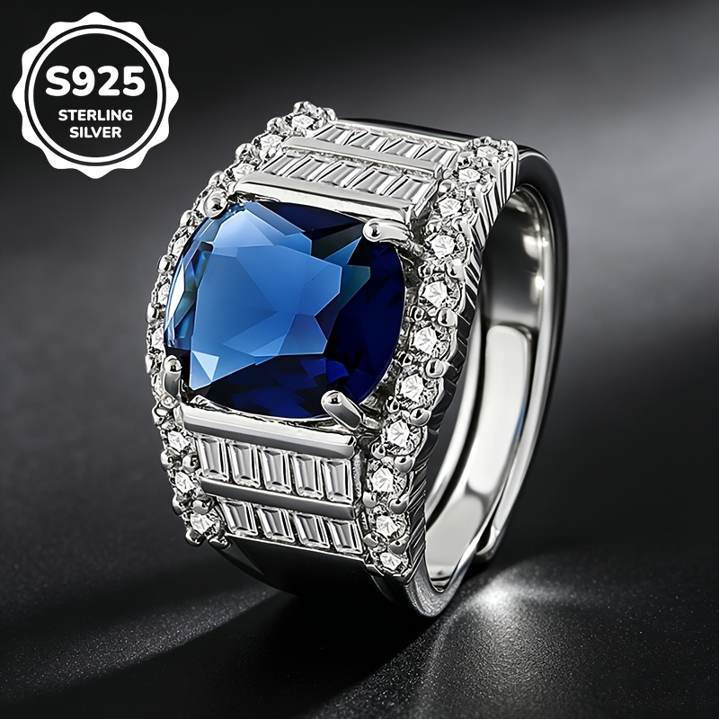 Image of 1pc S925 925 Silvery Plated Luxurious Blue Synthetic Cubic Zirconiaia Ring, Unisex, Open Adjustable, High-quality Jewelry, Suitable For Daily Casual And Business Occasions.