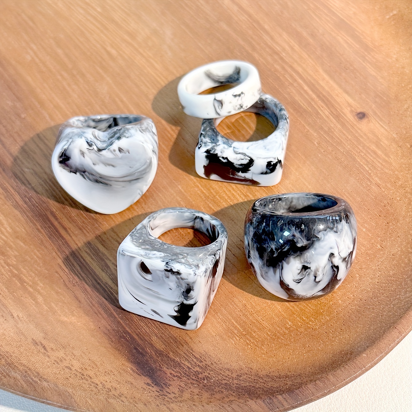 5pcs Resin Ring Set for Women Vintage Ink Pattern No Plating