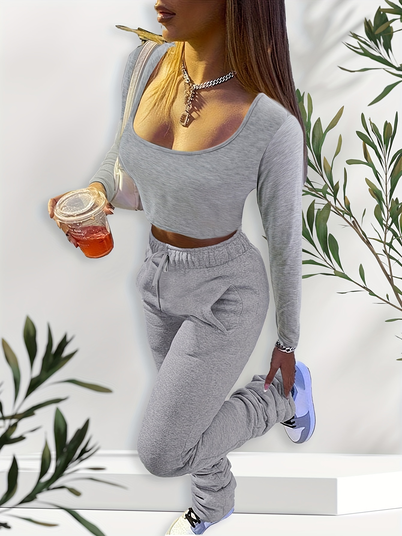 Women Fashion Long Sleeve Top Ruched Long Pants Casual Sports Two Piece  Outfits