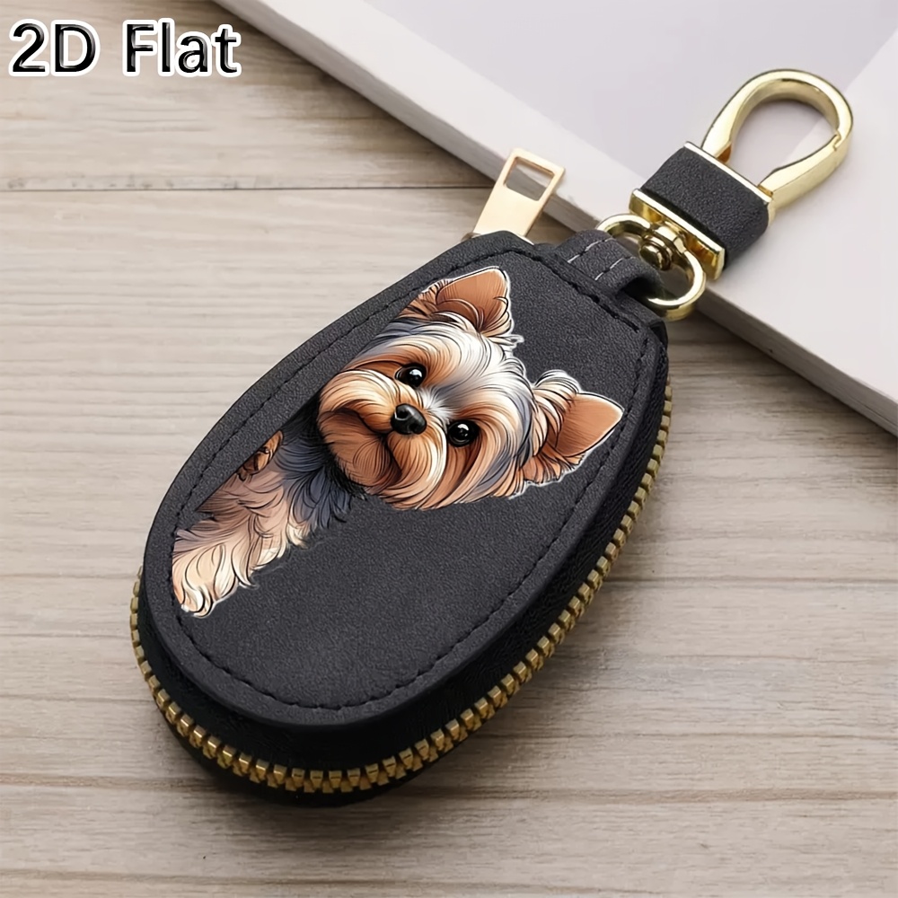 TEMU Étui pour clé de voiture 1 pièce [Plat 2D] avec imprimé chien Yorkshire Terrier, porte-clés organisateur en PU avec fermeture éclair pour