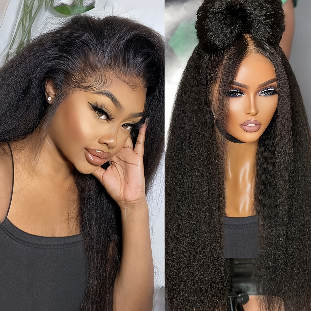 TEMU Glueless Black 13*4*1 Synthetic Lace Front Wig - #1b Middle Part Long Afo Kinky Straight Style, Heat Resistant Fiber Hair For Women