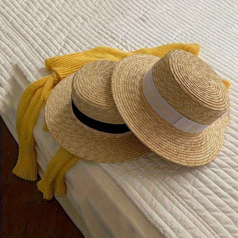 Solid Color Jazz Sun Hats Trendy Flat Brim Breathable Straw - Temu
