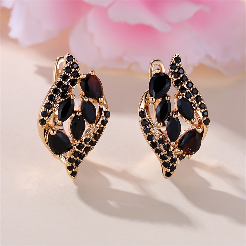 

Golden Leaf Clip Earrings, Black Zircon Women Earrings, Trendy Sweet Wedding Jewelry