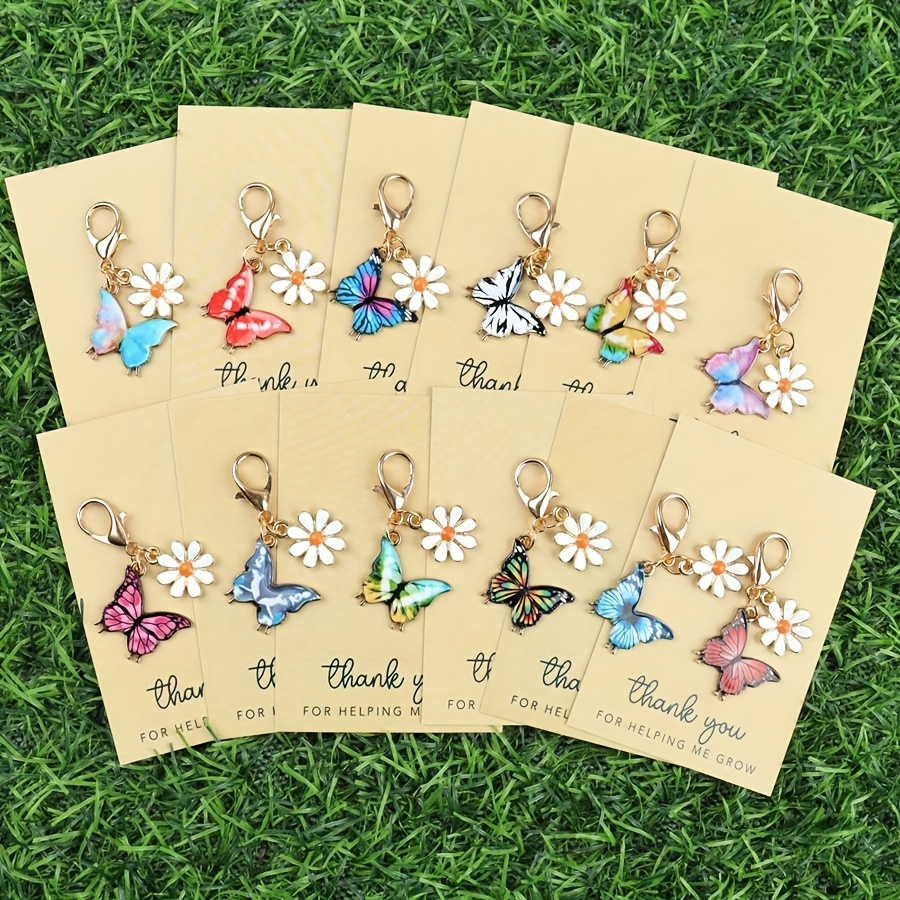 12pcs Alloy Colorful And Daisy Keychain Set With "thank You" Greeting Card, Stylish Animal And Floral Theme Design, Perfect Gift For Any Occasion