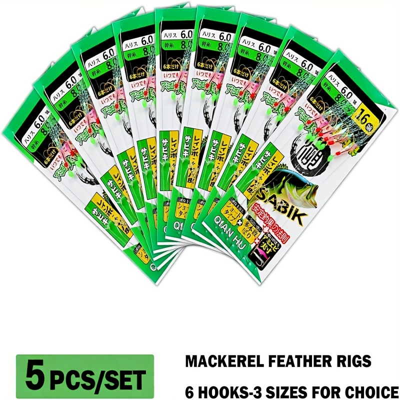 E-shop 5er-Pack Makrelen-Feder-Angelzubehör mit 30 Haken, vorgebundenes Meeresangelzubehör mit leuchtenden Perlen und bionischem fliegendem