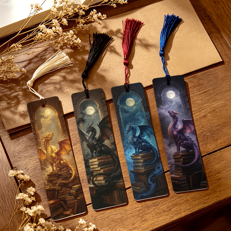 TEMU 4-pack, Dream Dragon, Moon Landscape, Stacked Books, , Mysterious Pattern, 2d Printed Bookmarks, Random Tassels, Daily Reading Markers, Book