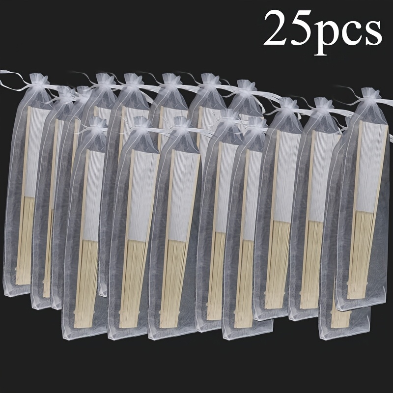 TEMU 25 Éventails en papier blanc, avec 25 sacs à cordon en organza, éventails à main en bambou créatifs, adaptés aux cadeaux d'invités de mariage,