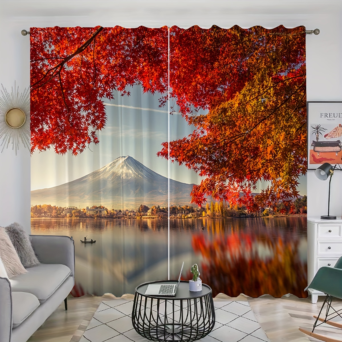 

serene Landscape" 2pcs Set Vibrant Autumn Lake & Misty Morning Scene Curtains - Rod Pocket Design For Easy Hanging, Perfect For Living Room, Bedroom, Office, And Home Decor