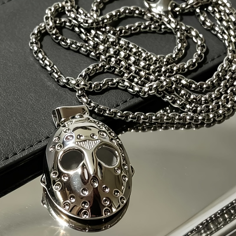 TEMU Retro Vintage Mask Embossed Pendant Necklace For Men And Women, Unisex Punk Gothic Statement Box Chain Necklace, Hip Hop Streetwear Halloween