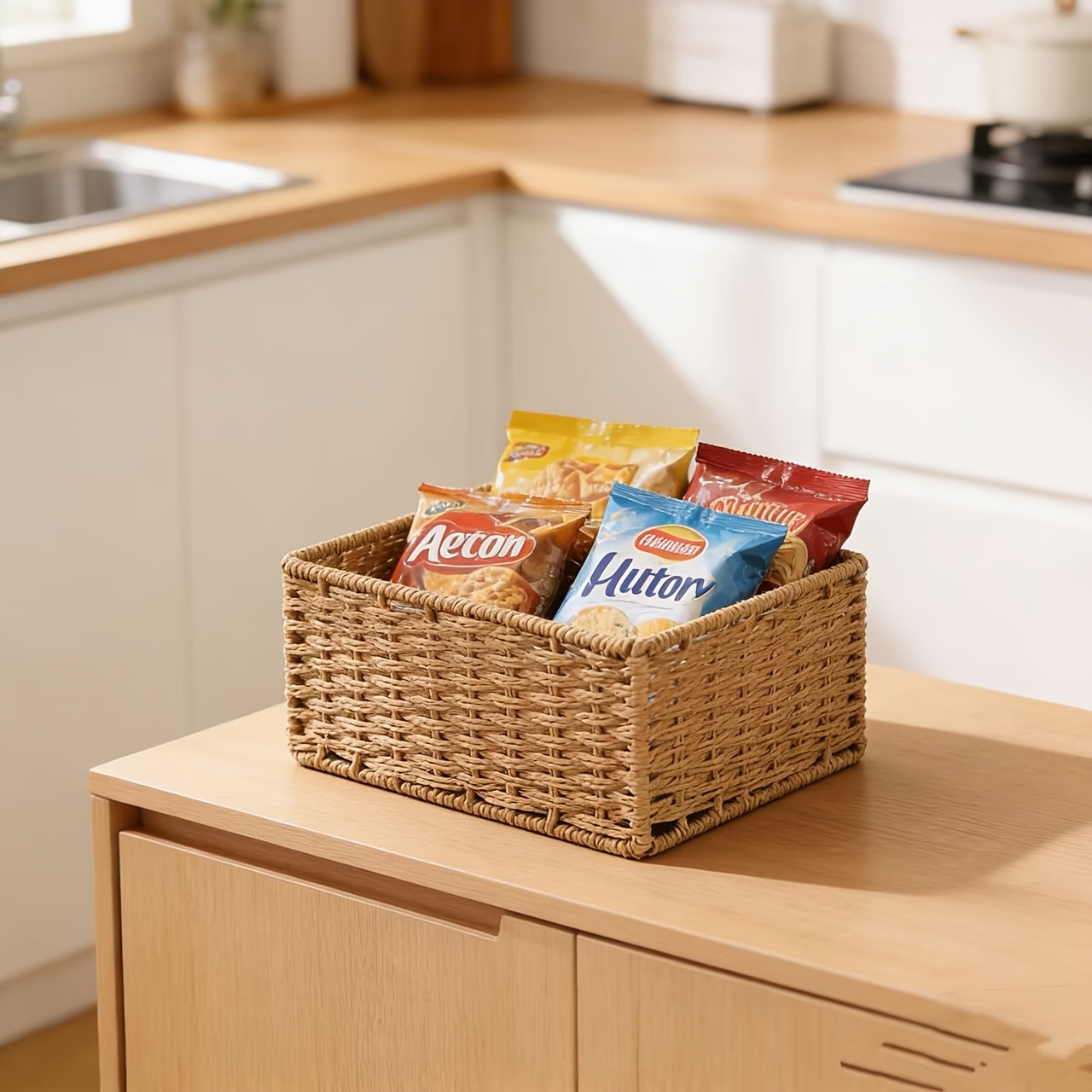 Image of Handmade Woven Storage Basket, Multifunctional Organizer For Living Room, Kitchen, Office, Stationery,, Cosmetics, Toiletries, Home Decor And Gift, Shelf Baskets