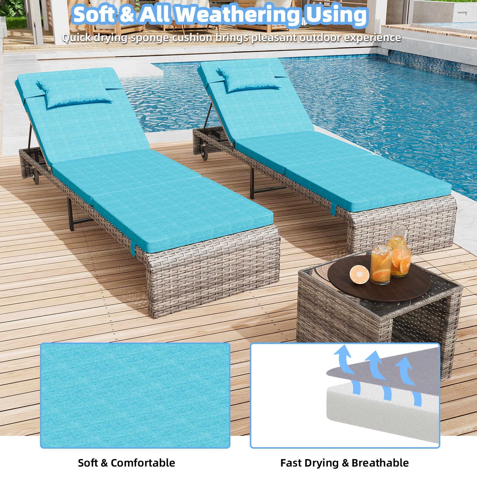 Lounge Chair Set, 3pcs Outdoor Modern Patio Furniture Lounge Chairs Set of 2 with Adjustable Backrest And Side Table, Durable PE Wicker, Weather Resistant Cushions, Blue