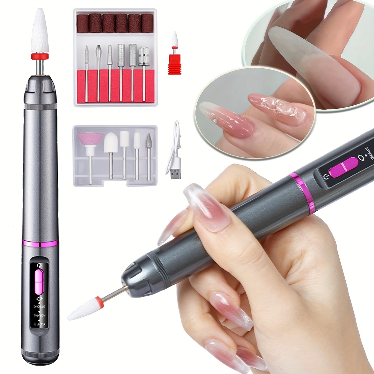 

Portable Electric Nail Drill Set, Manicure Pedicure Tool Kit With 12 Grinding Heads, Adjustable Speed, Usb Rechargeable Nail Polisher For Salon & Home Use