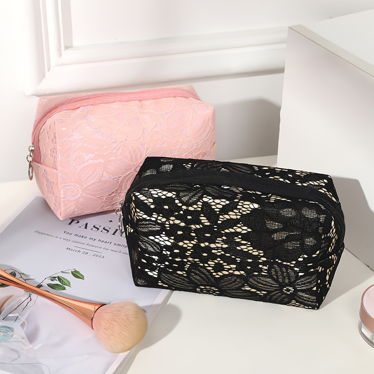 1pc Elegant Floral Lace Octagonal Makeup Bag Travel-Friendly Cosmetic  Organizer with Zipper Closure, Durable Fabric in Pink/Black, Per
