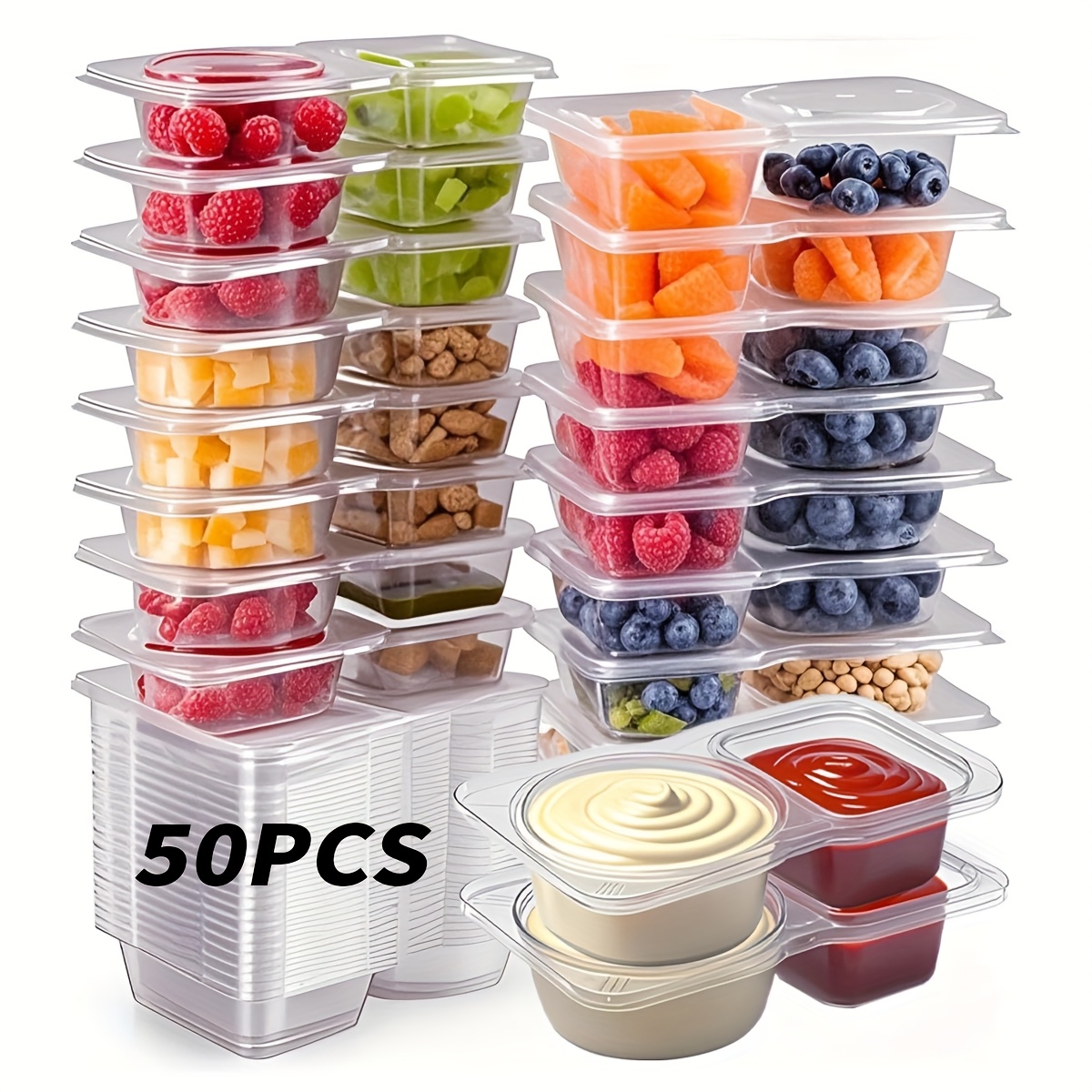 TEMU /100pcs Reusable Meal Prep Containers, 2 Compartment Snack Containers With Lids, Condiment Containers, Ketchup, Cheese, Salad Dressing Storage,