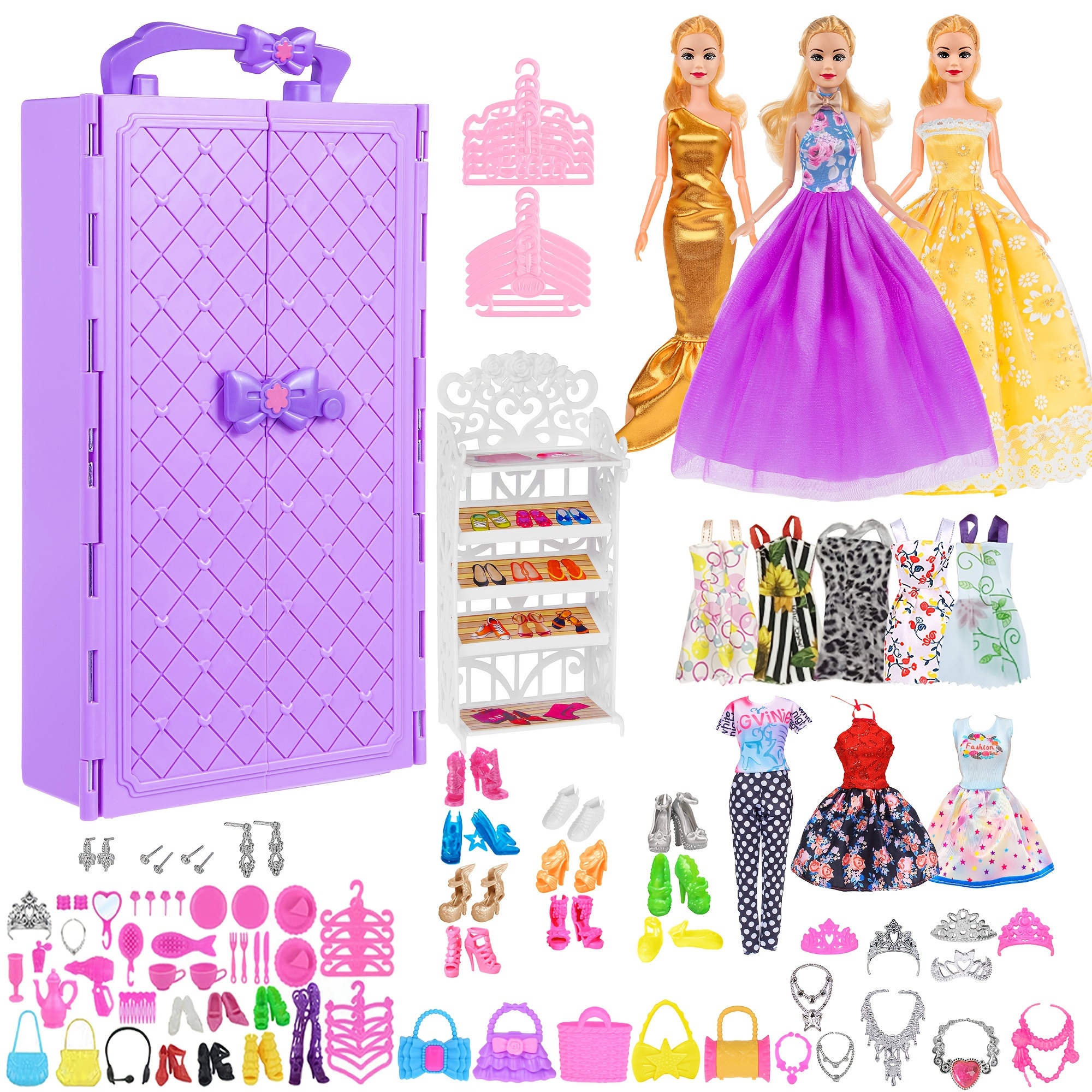 

10pcs 11.5 Inch Girl Doll Closet With Clothes And Accessories Including Shoes Rack, Dress, Shoes Hangers Accessoriesinclude Doll