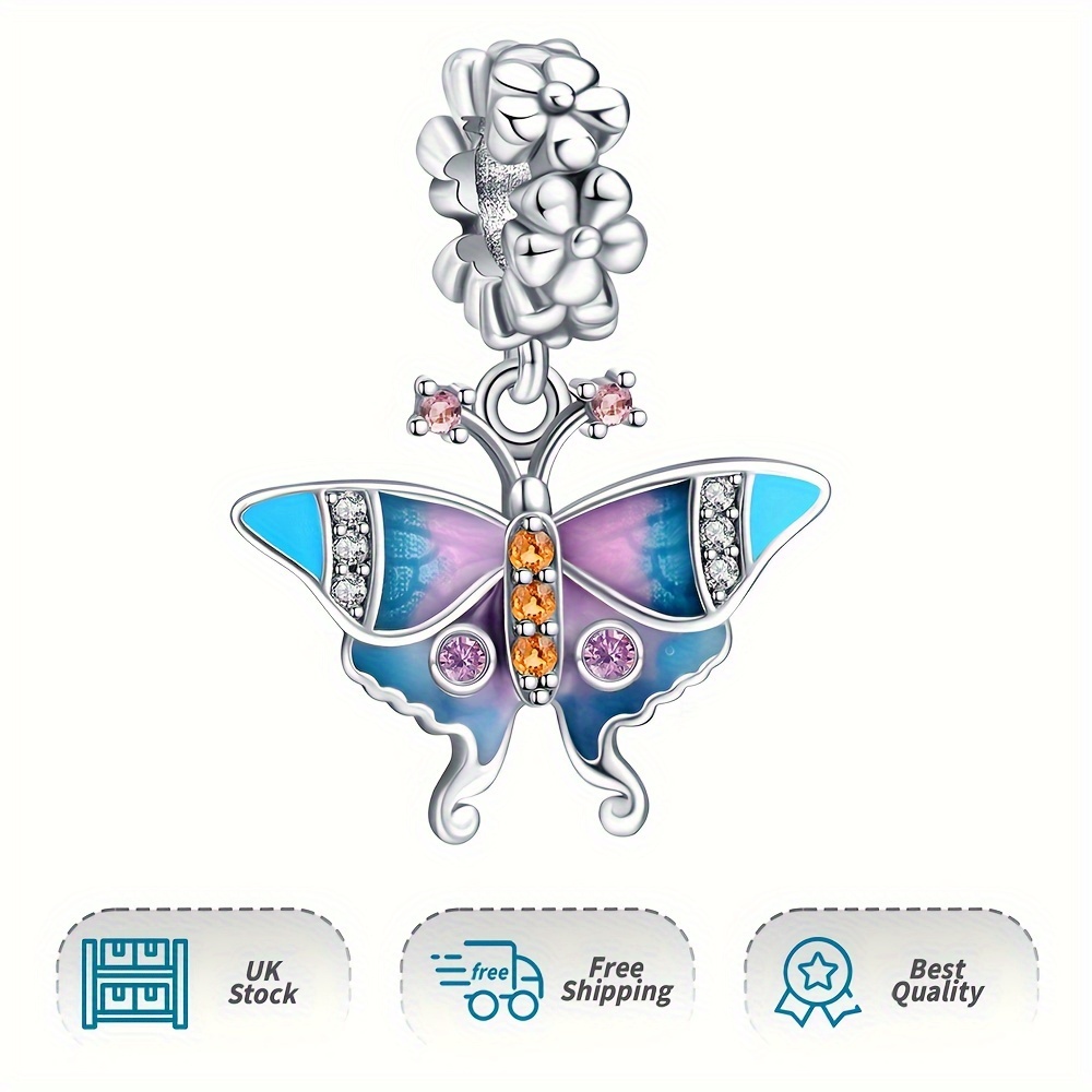 Vintage Enamel Butterfly 925 Silver Pendant for Bracelet