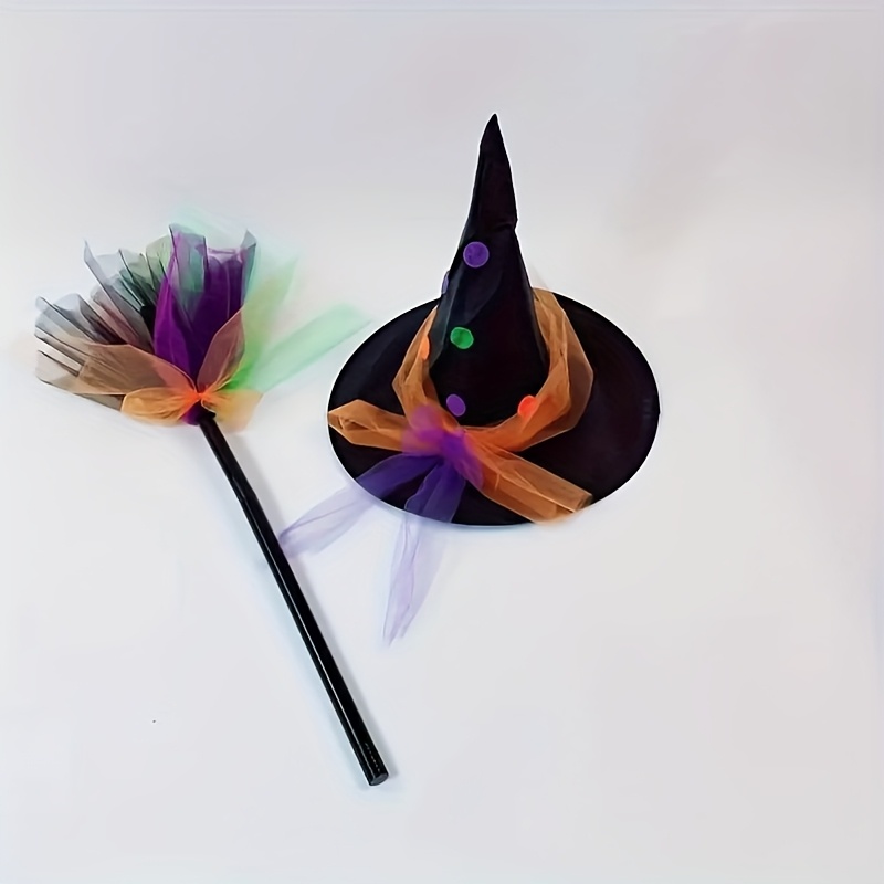 TEMU 2pcs, Cute Halloween Witch Costume Set, Colorful , Hand Washable Fiber Clothes, With Character Theme, With A Vibrant-colored Witch Hat And Broom