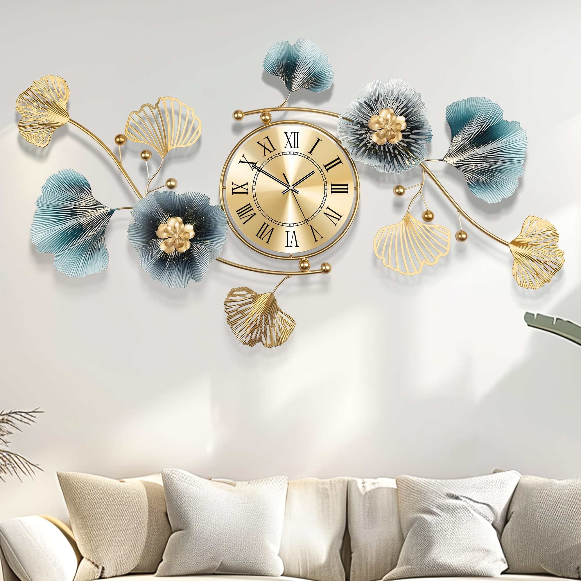 TEMU 3d Ginkgo Leaf Decoration Wall Clocks, 37x20 Inche Large Wall Clocks, Silent Creative Decorative Clock, Creative Metal Flower Wall Clock, For
