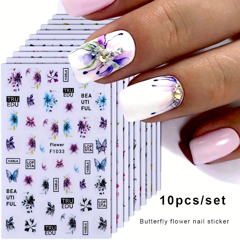 

10 Sheet Butterfly Flower Design Nail Art Stickers, Self Adhesive Tulip Florals Petals Leaf Design Nail Art Decals For Nail Art Decoration,nail Art Supplies For Women And Girls