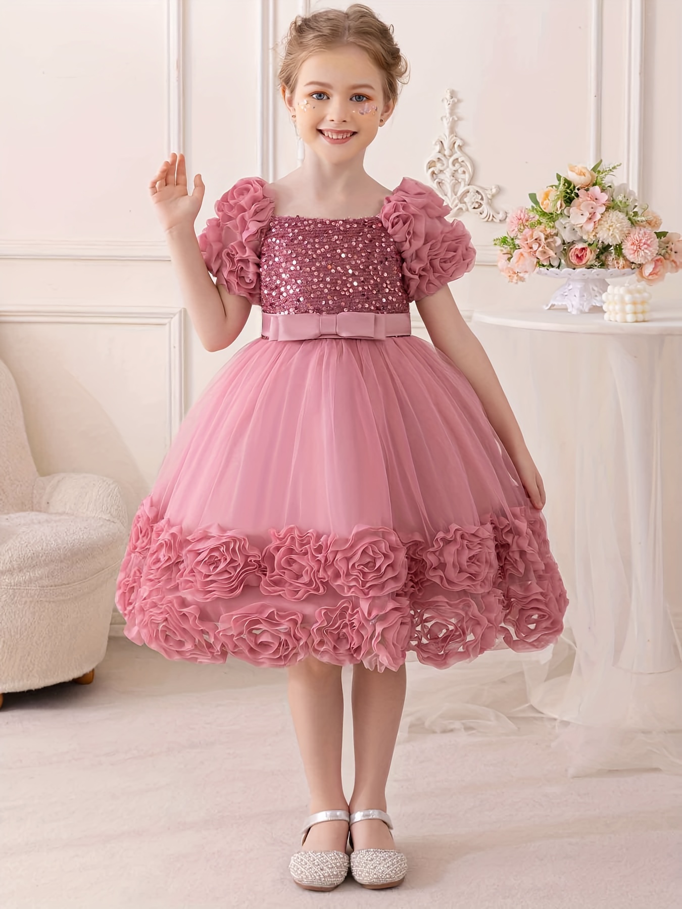 A line Gown Dress For Girls Puff Sleeve Princess Dress Ideal For Party Wedding Birthday Banquet Pageant Performance Girls Occasion Wear