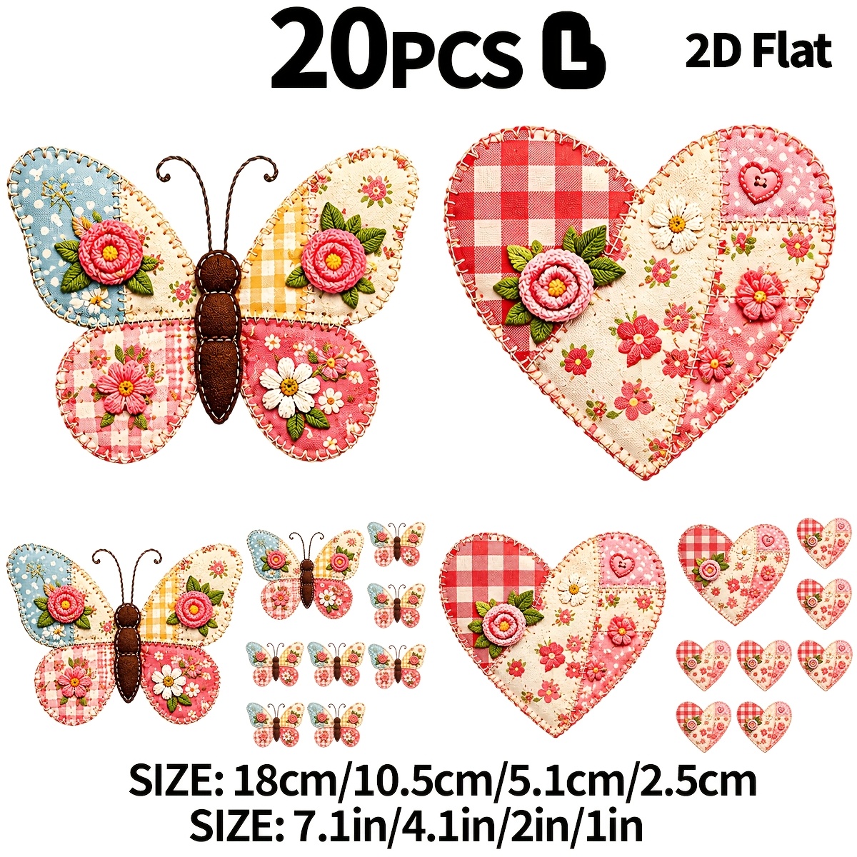 TEMU 2d Flat 20pcs Floral And Heart Set, Macaron Colors, Pastoral Dtf Heat Transfer Iron-on Multi-sizes Decoration Stickers Washable Stickers